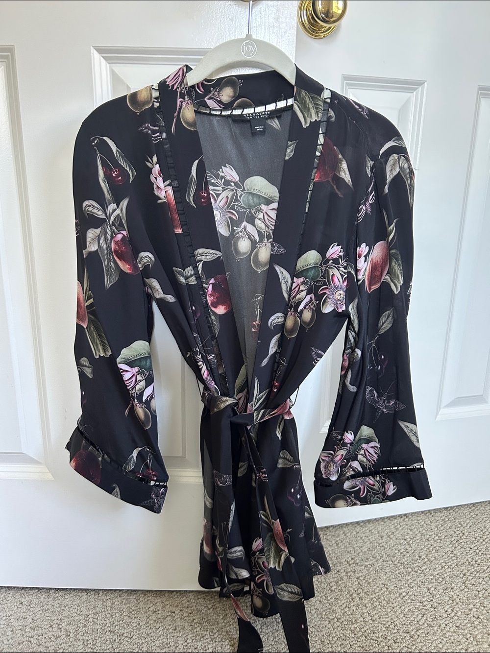 All Saints Black Satin Floral-Print Robe with Multicolor Botanicals